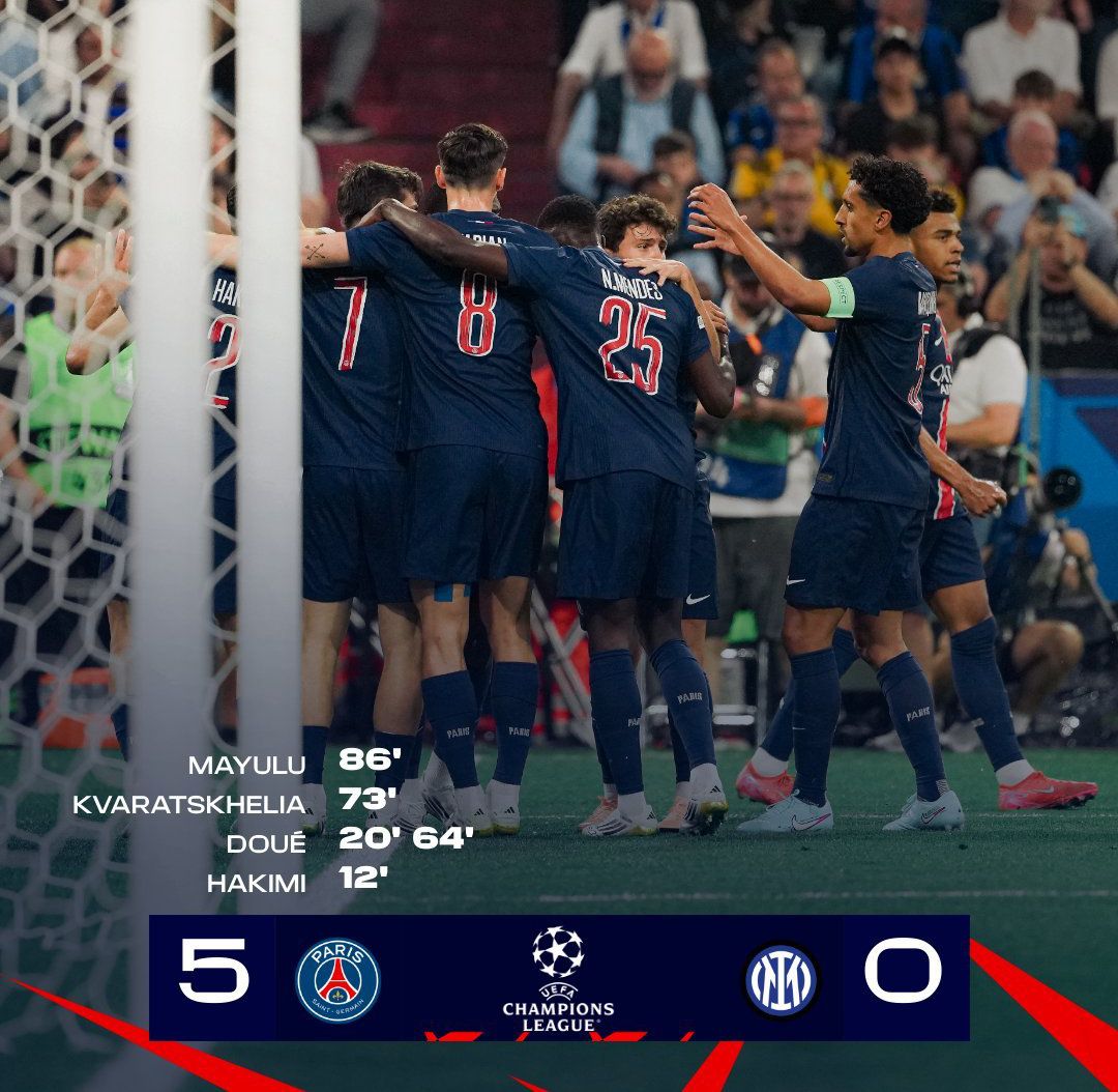 欧冠决赛5-0横扫国米 巴黎圣日耳曼终夺欧冠并成