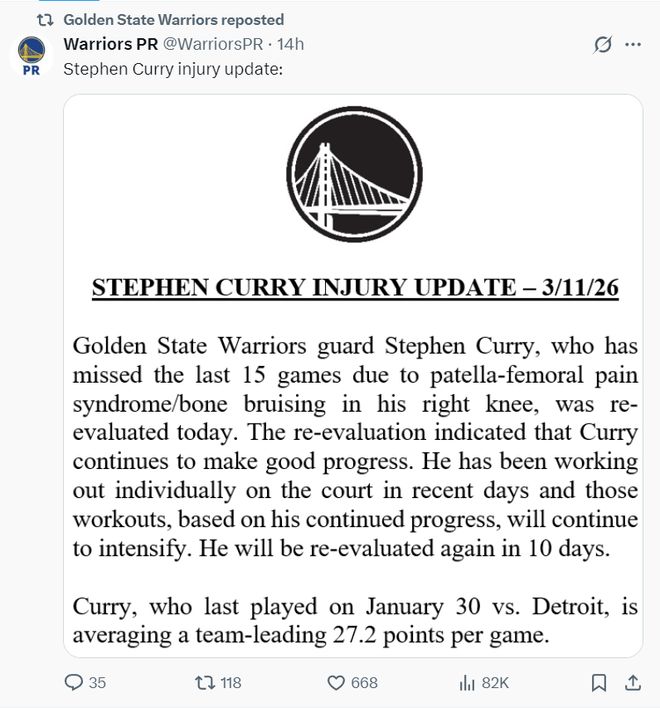 库里伤缺20场勇士陷附加赛泥潭